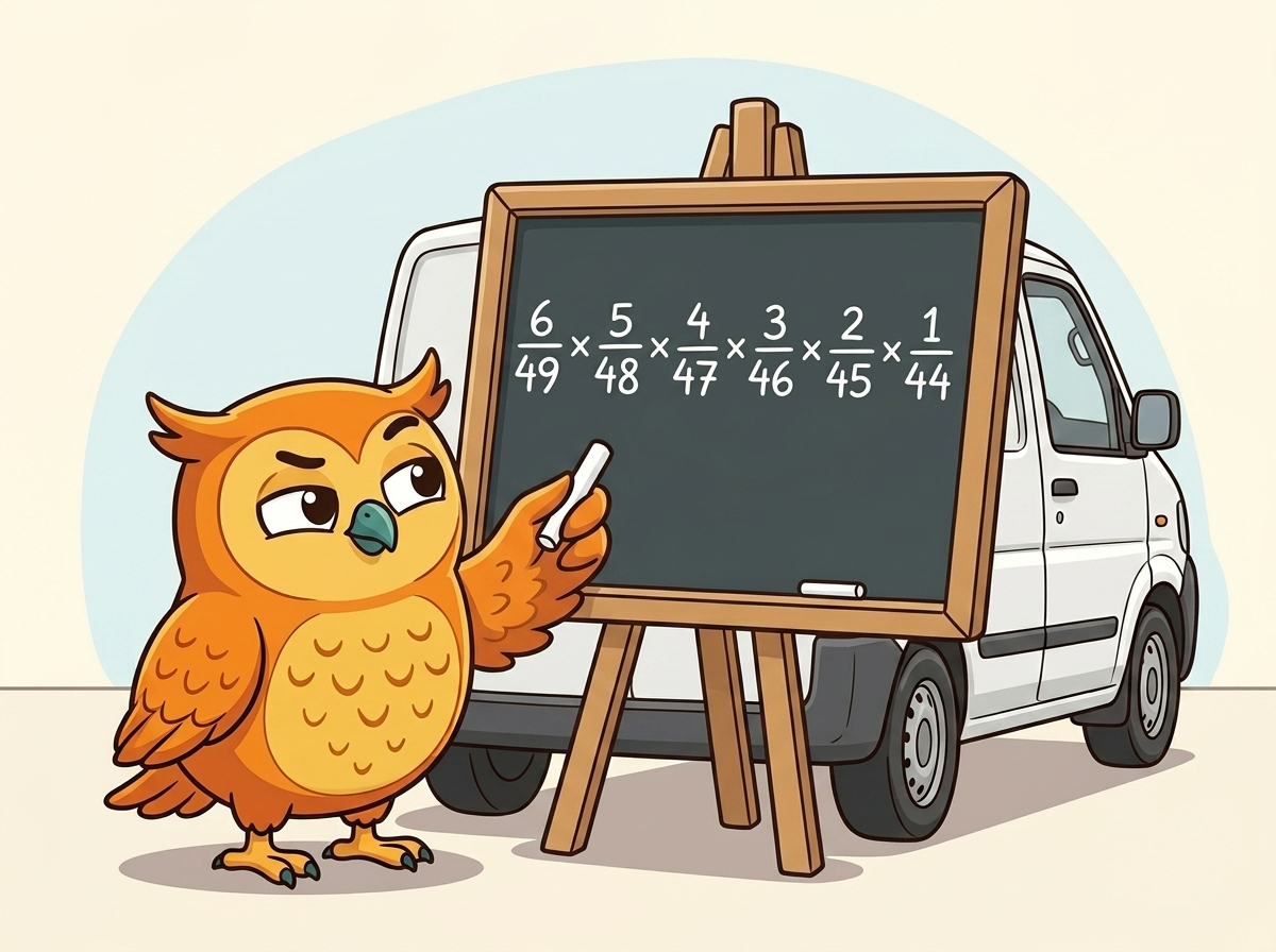 Die Lotto-Eule steht konzentriert vor einer kleinen Schultafel und schreibt mit Kreide die Bruchkette 6/49 × 5/48 × 4/47 × 3/46 × 2/45 × 1/44 an die Tafel.