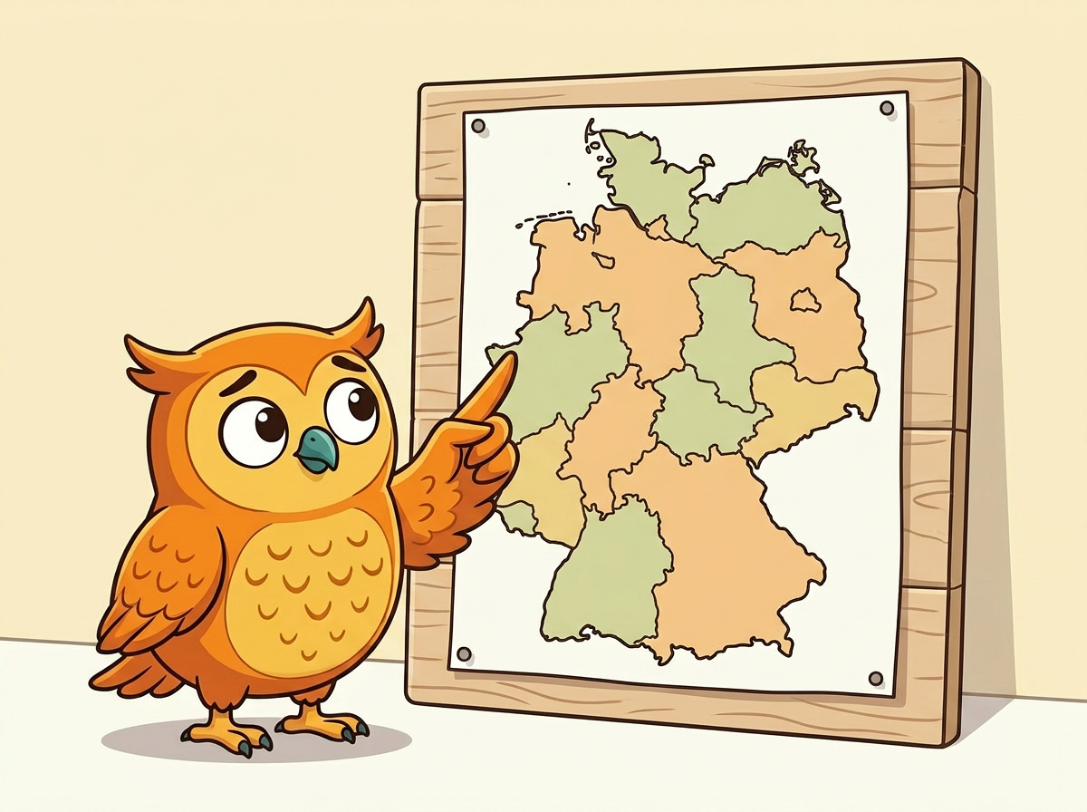 Die Lottoeule zeigt mit einem Flügel auf eine an einer Holz-Pinnwand befestigte Deutschlandkarte mit farbig markierten Bundesländern.