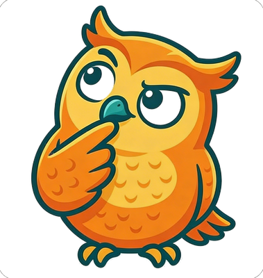 Die Lottoeule in nachdenklicher Pose, ein Flügel an der Stirn, blickt zur Seite und überlegt.